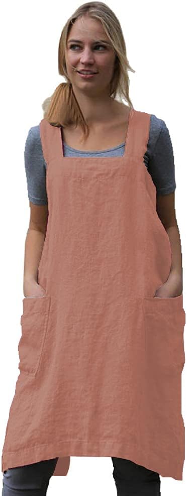 Women's Pinafore Square Apron Baking Cooking Gardening Works Cross Back Cotton/Linen Blend Dress with 2 Pockets