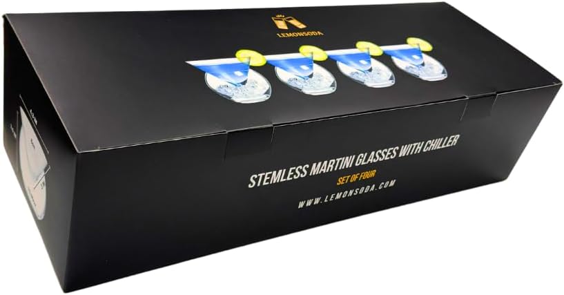 LEMONSODA Stemless Martini Glasses with Chiller - Set of 4 - Elegant Cocktail Glass Set with Server Bowl - Martini Gift Set for Margarita, Espresso Martinis, Manhattan Cocktails - Housewarming Gifts