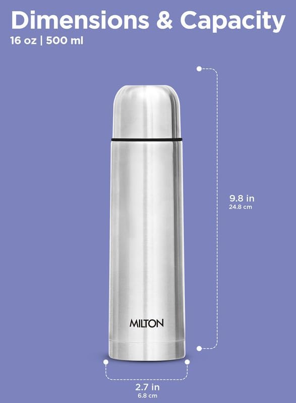 Milton Thermosteel Flip Lid 500, Double Walled Vacuum Insulated Thermos 500 ml | 16 oz | 24 Hours Hot and Cold Water Bottle with Cover, Stainless Steel, BPA Free, Leak Proof | Silver
