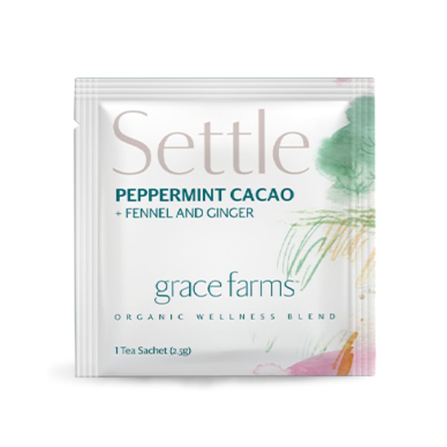 Grace Farms SETTLE Wellness Organic Tea Blend (100 Enveloped Pyramid Sachets w/ String & Tag) | Peppermint Cacao | Relaxing and Digestive Support | Fairtrade and Kosher | Filled With Antioxidants and Stress-Relieving Herbs | Gives Back 100% of Profits
