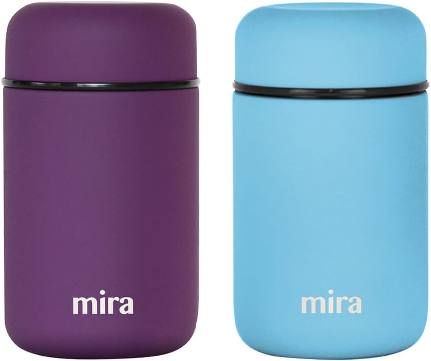 MIRA 2 Pack Insulated Food Jar thermos for Hot Food & Soup, Compact Stainless Steel Vacuum Lunch Container, 13.5 oz, Purple, Pearl Blue