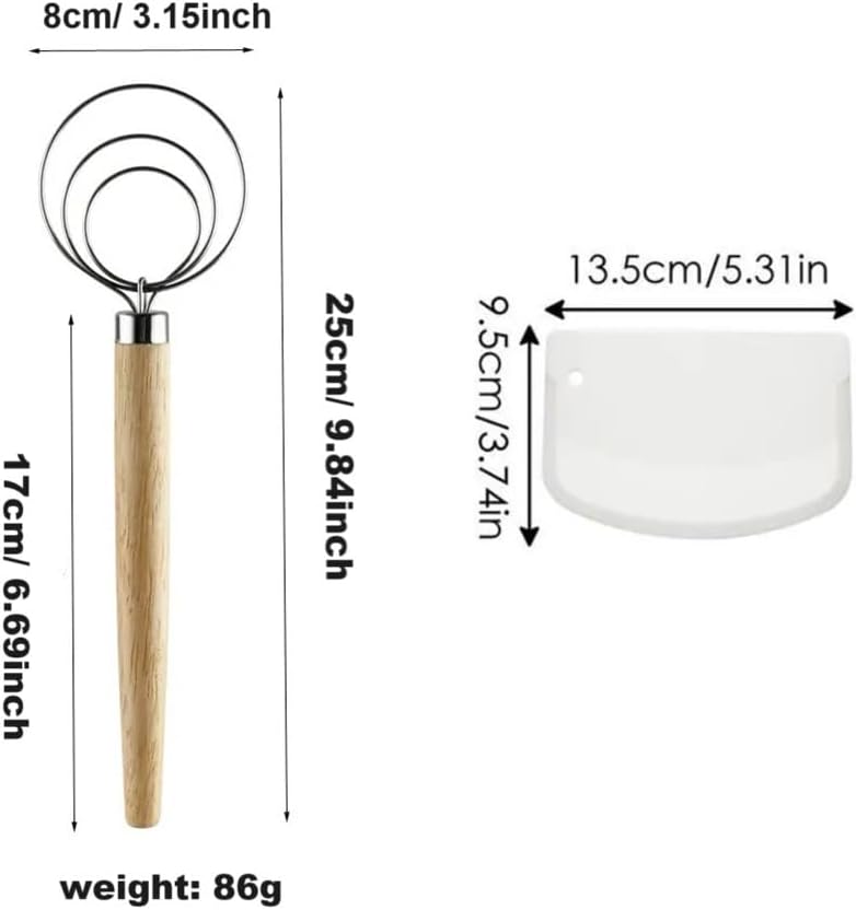 Danish Dough Whisk with Dough Scraper 10" Dutch Bread Whisk Bread Mixer Stainless Steel Dutch Bread Dough Whisk with Wooden Handle Dutch Whisk Baking Tools for Sourdough, Pizza, Pastry, Cake