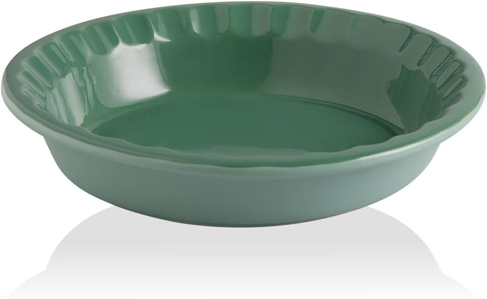 Sweejar Ceramic 10.4 Inches Pie Pan for Baking, Deep and Fluted Porcelain Round Pie Dish, Non-Stick Pie Plate for Pumpkin Pie, Apple Pie, Pie Pots with Morden Farmhouse Design (Green)