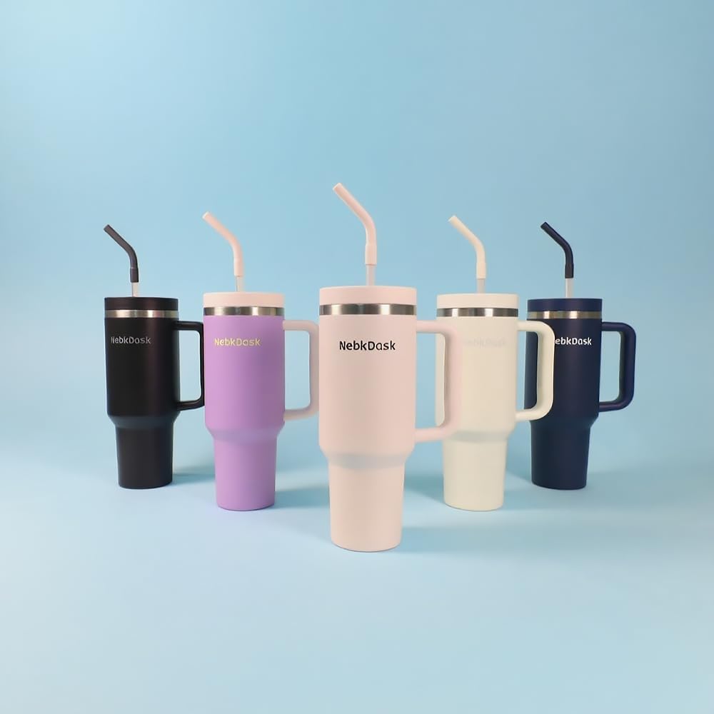 40 oz Water Bottle with Handle & Straw – Insulated Stainless Steel Bottle, Leakproof, Fits in Cup Holder – Reusable Cold Drink Thermos for Women & Men (Blue)