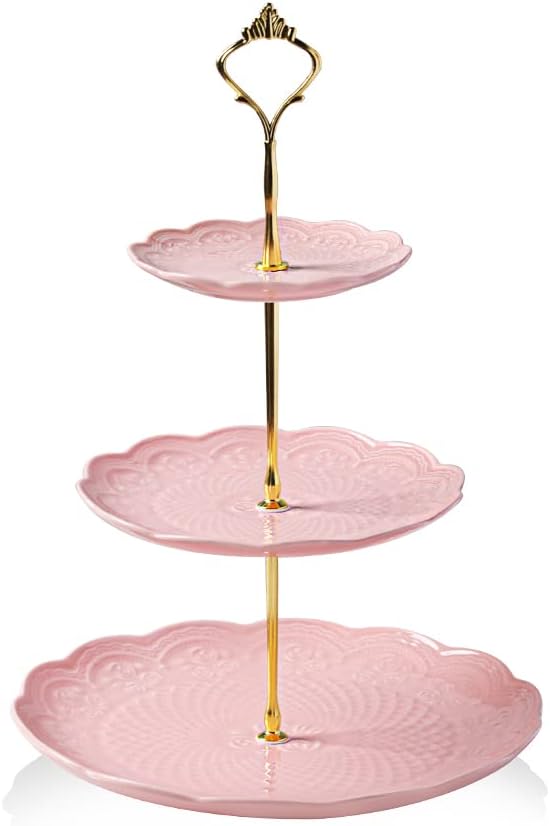 Sweejar 3 Tier Ceramic Cake Stand Wedding, Dessert Cupcake Stand for Tea Party Serving Platter(Rose Pink)