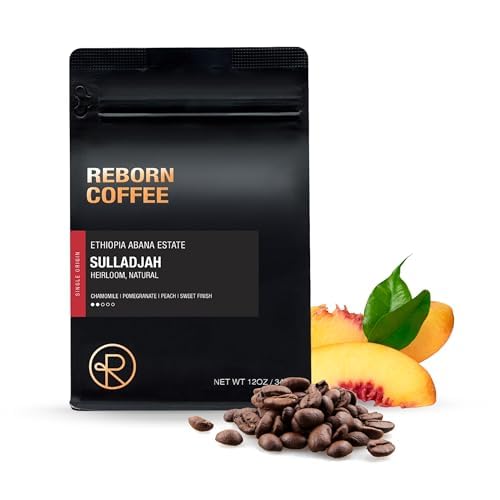 Reborn Coffee Specialty Whole Bean Coffee, Medium Roast, 12 Ounce, Ethiopia Abana Estate Sulladjah, Flavor Notes of Chamomile, Pomegranate, Peach, and Sweet Finish