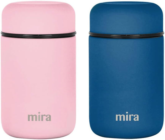 MIRA 2 Pack Insulated Food Jar Thermos for Hot Food & Soup, Compact Stainless Steel Vacuum Lunch Container, 13.5 oz, Denim, Rose Pink