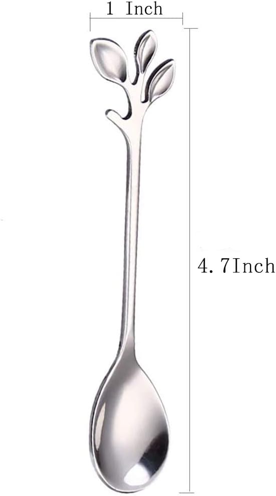 AnSaw 8-Pack Elegant Silver Leaf 4.7" Espresso Spoons - Stainless Steel, Perfect for Coffee, Demitasse, Dessert & Tea, Mini Size for Small Servings
