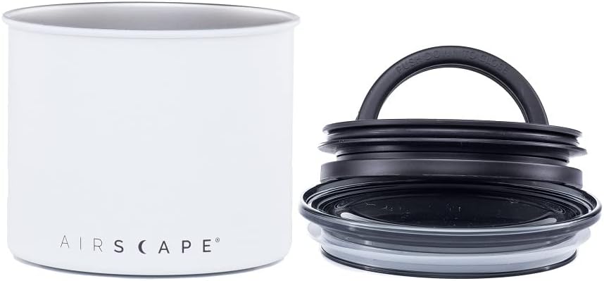 Planetary Design Airscape Stainless Steel Coffee Canister | Food Storage Container | US Patented Airtight Lid | Push Out Excess Air Preserve Food Freshness (Small, Matte White)
