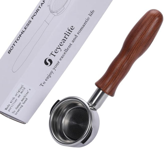 58mm 2 ears Bottomless Portafilter for E61, Flair 58, ECM, Rocket, Sanremo, Synesso, Slayer, VBM Espresso Machine Accessories Made of Stainless Steel and Solid wood