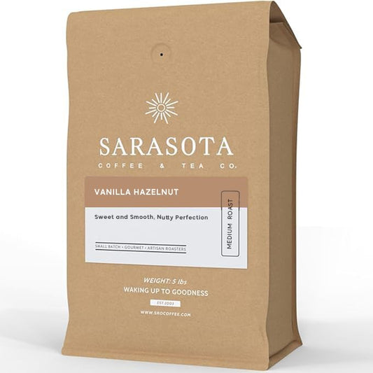 Sarasota Coffee Ground Vanilla Hazelnut | Medium Roast Gourmet Flavored Coffee Grounds | Low Acid, Mold Free, Specialty Grade Flavored Bulk Ground Coffee | 5lb (80 oz)