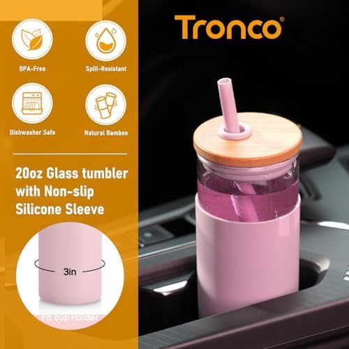 Tronco 20 oz Glass Tumbler with Straw and Lid- Glass Cup with Lid and Straw, Iced Coffee Cup Reusable, Smoothie Cups, Bamboo Lid and Protective Silicone Sleeve - BPA-Free