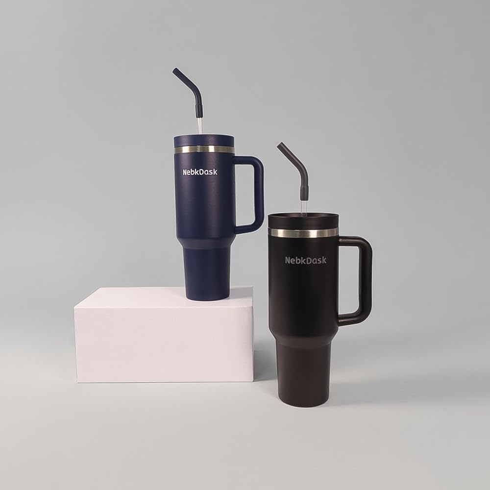 40 oz Water Bottle with Handle & Straw – Insulated Stainless Steel Bottle, Leakproof, Fits in Cup Holder – Reusable Cold Drink Thermos for Women & Men (Blue)