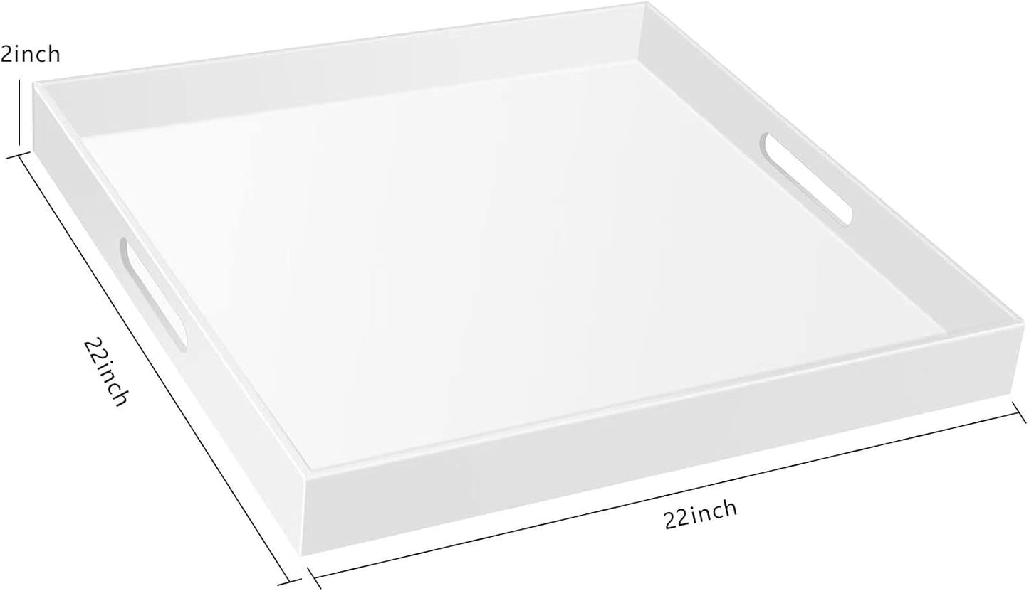 22×22 Inches Oversize Extra Large Sturdy Glossy White Acrylic Serving Tray King Size Decorative Big Ottoman Trays with Cut Out Handles Water Proof Bed Tray Coffee Counter Top Organizer