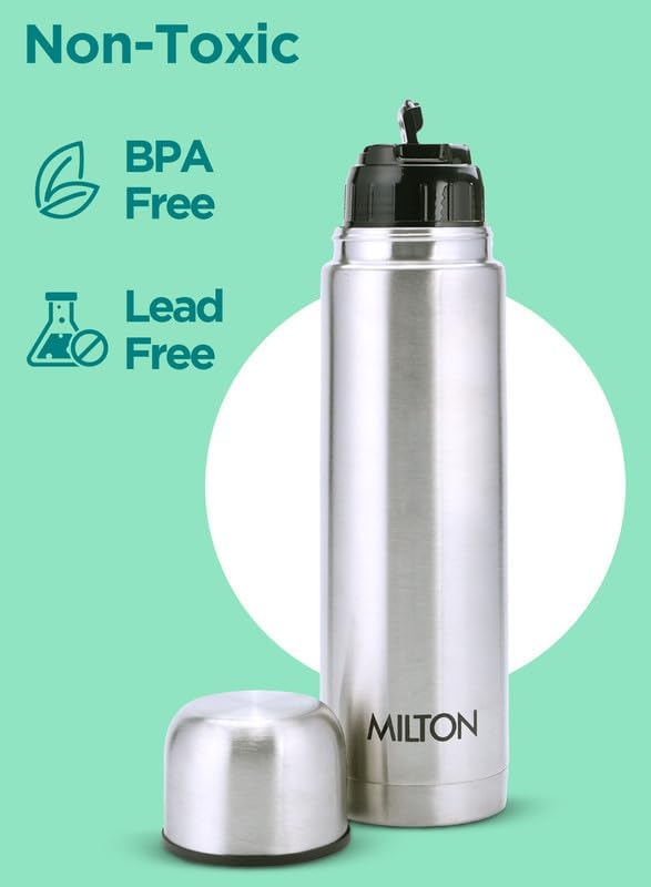 Milton Thermosteel Flip Lid 1000, Double Walled Vacuum Insulated Thermos 1000 ml | 34 oz | 1 Ltr | 24 Hours Hot and Cold Water Bottle with Cover, Stainless Steel, BPA Free,Leak Proof | Silver