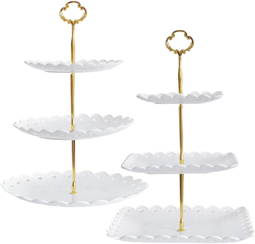 RAUVOLFIA 2 Pack of Plastic Round & Square Dessert Cupcake Stand, 3 Tier Cup Cake Holder Tower for Tea Party/Birthday/Wedding, Plastic Tiered Serving Tray (White)
