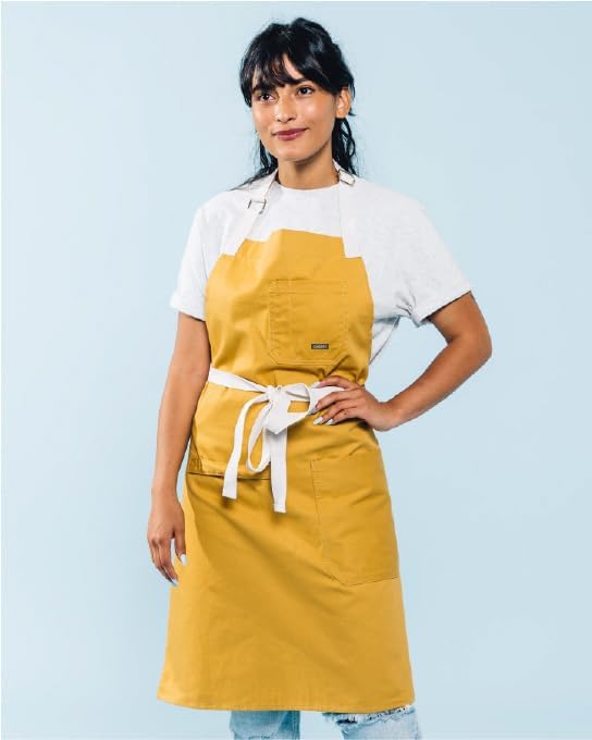 Caldo Daily Cotton Kitchen Apron for Cooking- Mens and Womens Professional Chef or Server Bib Apron - Adjustable Straps with Pockets and Towel Loop (Mustard)