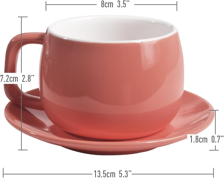 Porcelain Coffee Cup with Saucer 270ml/9oz, Minimalist Design, Perfect for Latte, Cappuccino, and Tea, Pink