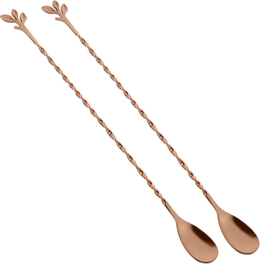 AnSaw Rose Gold 12-Inch Stainless Steel Cocktail Spoon with Leaf Handle - Perfect for Mixing & Layering Drinks in Tall Cups, Bar & Shakers - Durable Long Handle Bar Stirrer,2-Pieces