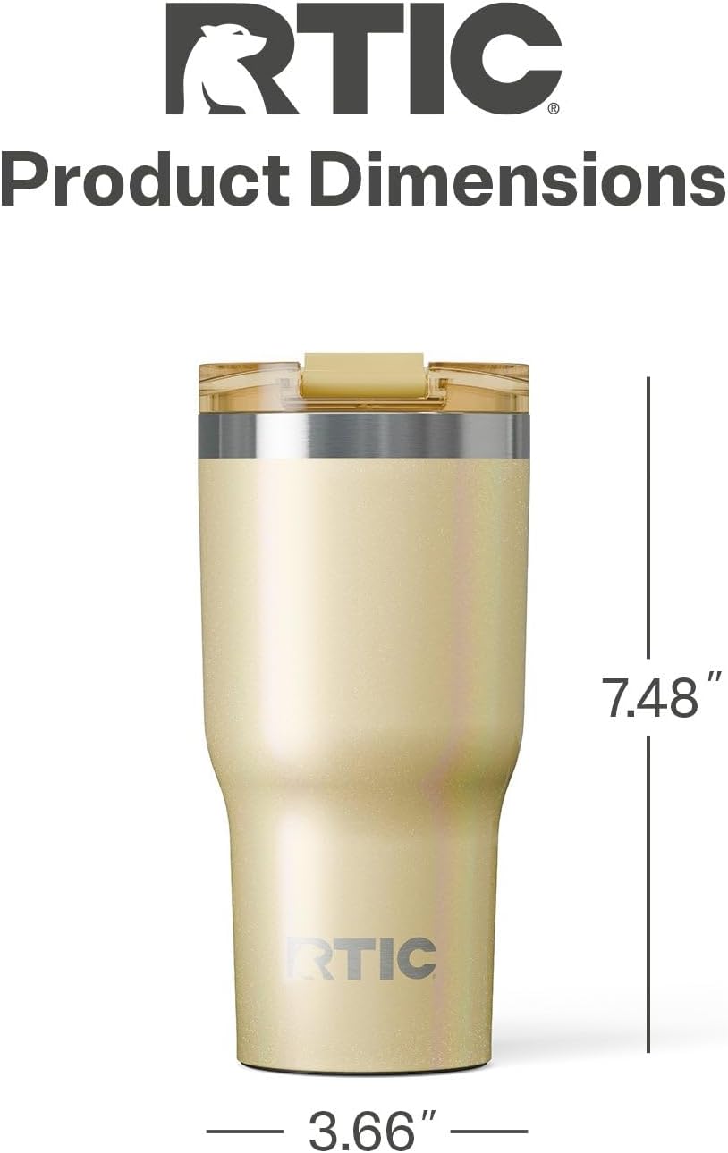 RTIC 20oz Essential Tumbler with Lid, Insulated, Stainless Steel, Metal, Double Wall Vacuum-Insulation, Ceramic Lined, Travel Cup for Iced Coffee, Tea, Hot and Cold Drink, Sunlight Glitter