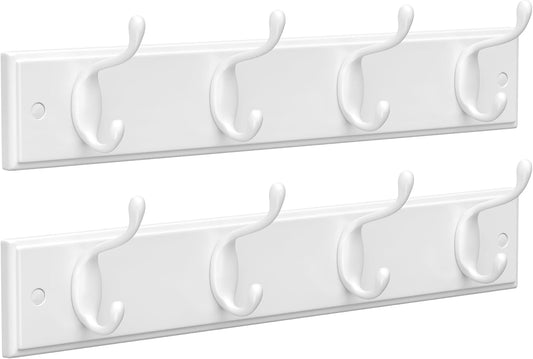 SONGMICS Set of 2 Wall-Mounted Coat Rack, Hook Rack, 8 Dual Metal Hooks, for Coats, Bags, Keys, in The Entryway, Bedroom, Living Room, White ULHR232W01
