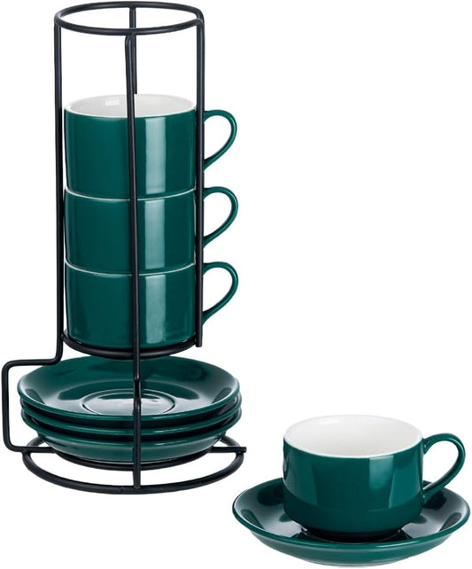 YOLIFE 2.5oz Porcelain Stackable Espresso Cups with Saucers and Metal Stand Set of 4, Stackable Cappuccino Cups, Green Expresso Shots Cup Set for Coffee Drinks, Latte, Tea