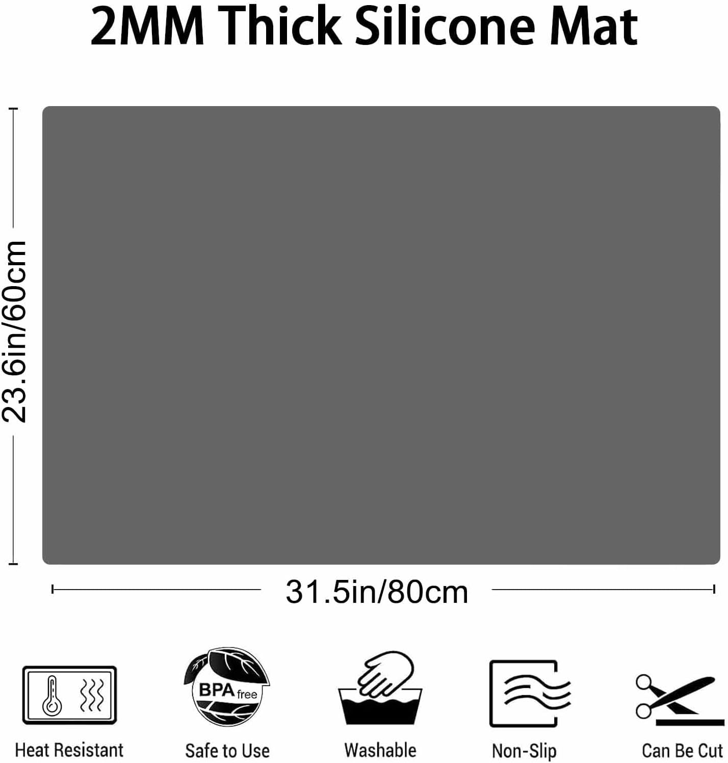 2MM Thick Silicone Countertop Mat, 31.5"x 23.6" Silicone Mats for Kitchen Counter, Nonslip Heat Resistant Mat, Large Kitchen Counter Mats, Waterproof Countertop Protector, Dark Gray