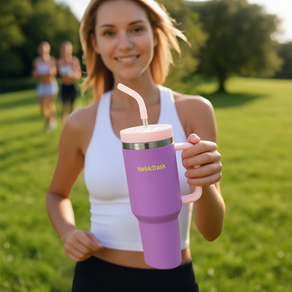 40 oz Water Bottle with Handle & Straw – Insulated Stainless Steel Bottle, Leakproof, Fits in Cup Holder – Reusable Cold Drink Thermos for Women & Men (Black)