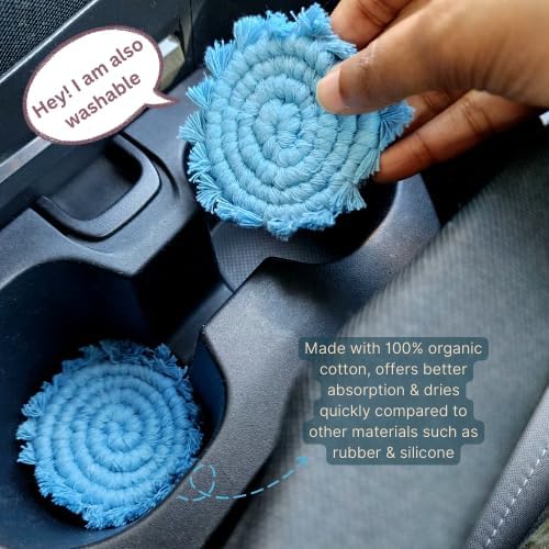Cotton Car Coasters for Cup Holders, 2PC Car Cup Coasters, Drink Coaster Holder, Cute cupholder Coaster Accessories for Women, Macrame, Boho (Cloudy Day)