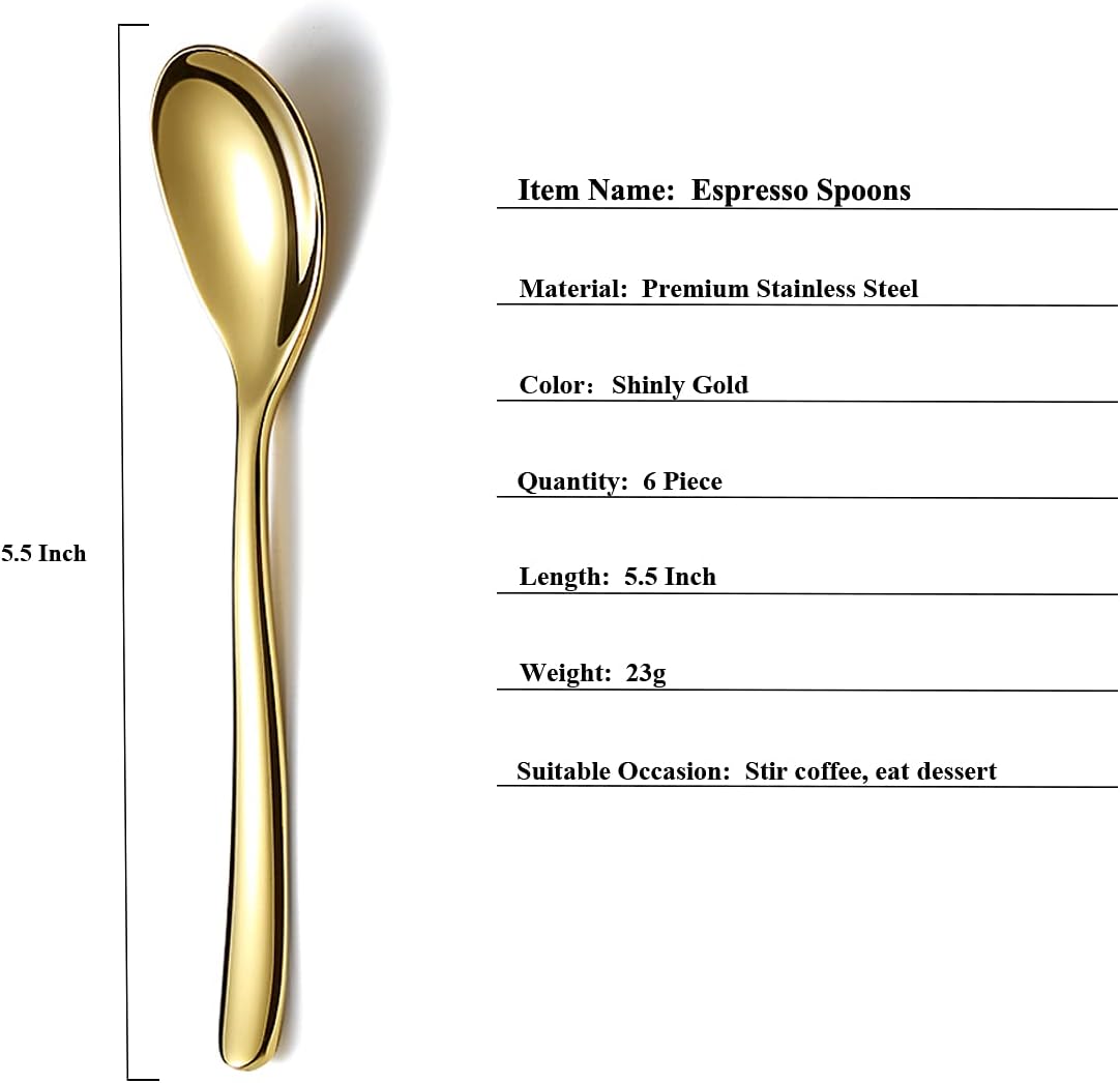 Gold Demitasse Espresso Spoons, 5.5'' Mini Coffee Spoons, Set of 6, Stainless Steel, Dishwasher Safe