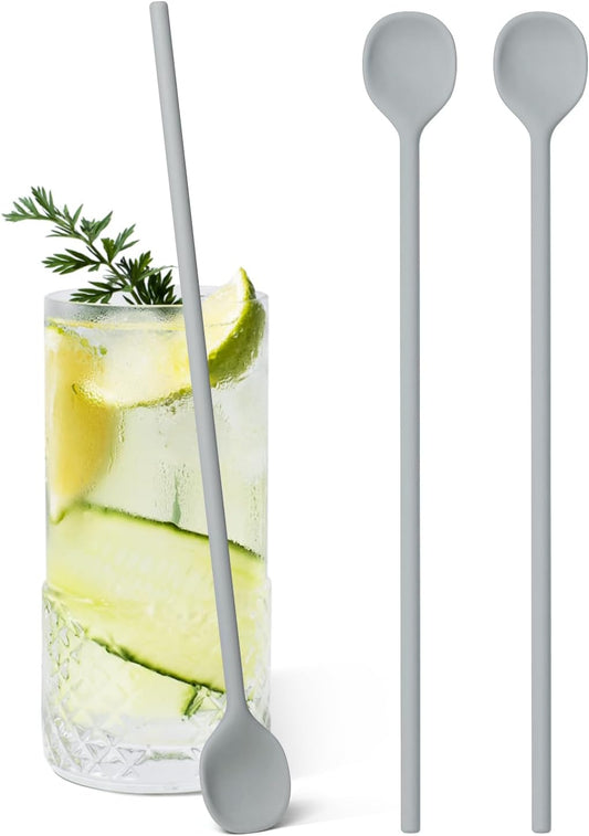 2Pcs Carrotez 9.9" Silicone coffee stirrer, Long Coffee Spoon, Reusable Iced Tea Spoon, Multipurpose Beverage Stirring Stick - Grey