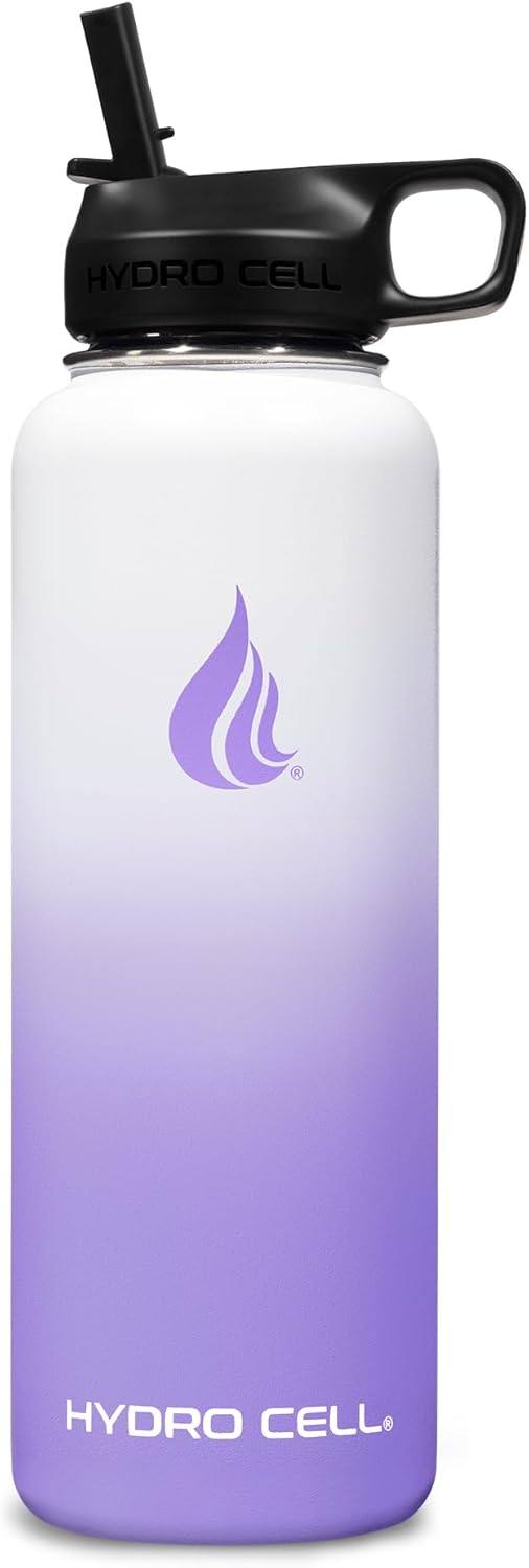 HYDRO CELL Stainless Steel Insulated Water Bottle with Straw - For Cold & Hot Drinks - Metal Vacuum Flask with Screw Cap and Modern Leakproof Sport Thermos for Adults (Lavender/White 40oz)