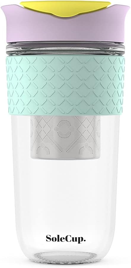 Large Travel Mug Loose Tea Infuser - Detachable Tea Strainer with Spill Proof Lid - 18oz/530ml BPA-Free Reusable Glass Travel Coffee Cup with Silicone Band (Pink) (Ice Cream)