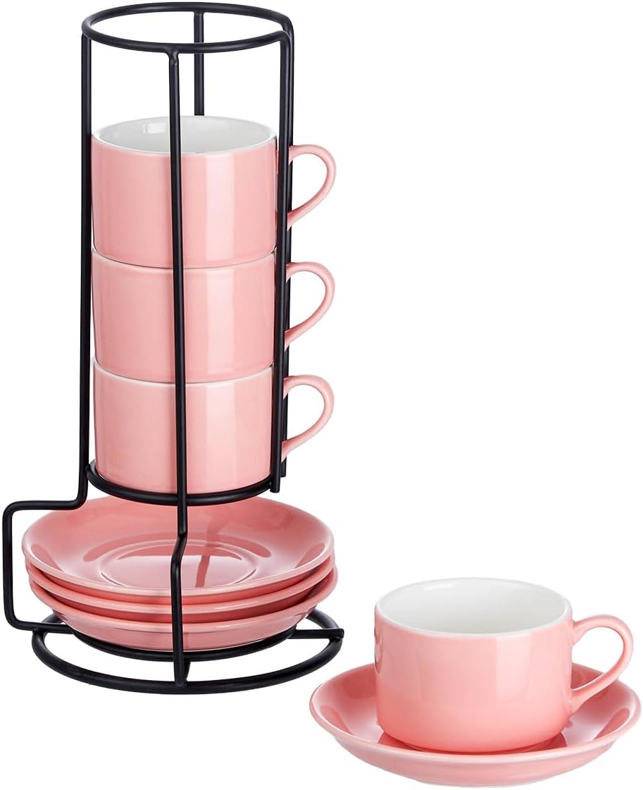2.5oz Porcelain Stackable Espresso Cups with Saucers and Metal Stand Set of 4, Stackable Cappuccino Cups, Pink Expresso Shots Cup Set for Coffee Drinks, Latte, Tea