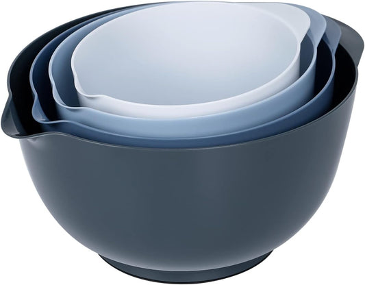 BoxedHome Nesting Plastic Mixing Bowl Set With Pour Spout, Microwave and Dishwasher Safe, BPA free Non-Slip Base, Set of 4 Size 1.7, 2.5, 3.5 and 4.5qt, Great for Prepping, Baking, Cooking (Haze Blue)