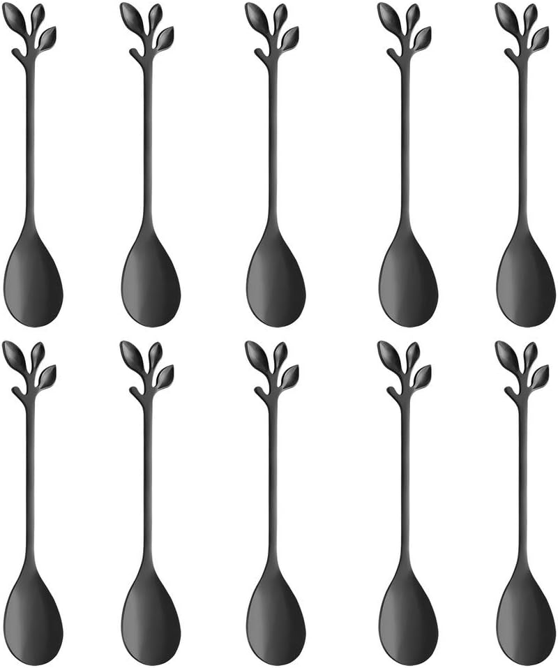 AnSaw Elegant Black Leaf Coffee Spoons - 10-Piece, 4.7" Mini Stainless Steel Espresso & Dessert Tea Spoons, Perfect for Demitasse & Small Servings