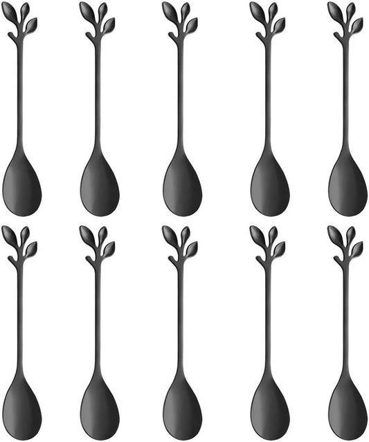 AnSaw Elegant Black Leaf Coffee Spoons - 10-Piece, 4.7" Mini Stainless Steel Espresso & Dessert Tea Spoons, Perfect for Demitasse & Small Servings