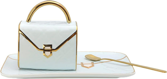 YnsfreeCeramic Purse Coffee Mugs Set Tea Cup Unique Bag shaped mug and Saucer Set with Spoon and Saucer For Women Thanksgiving Christmas Gifts (Blue)