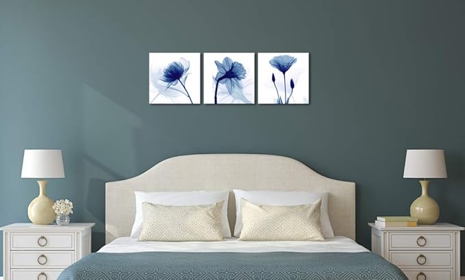 Wieco Art Blue Abstract Flowers 3 Panels Giclee Canvas Prints Wall Art Modern - Image 4
