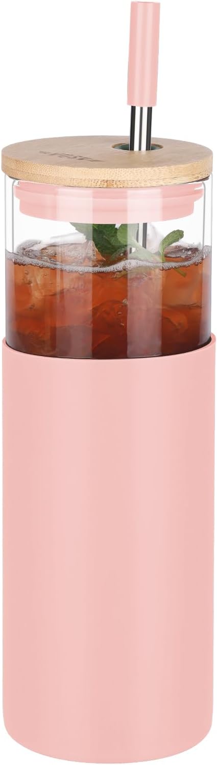 Glass Tumbler w/Lids & Straw: 24 oz Reusable Glass Cup w/Bamboo Lid, Stainless Steel Straws, BPA-Free, Leak-Proof, Dishwasher Safe for Coffee/Smoothies/Hot Beverage, Travel/Office/Home Use, 1-Pk