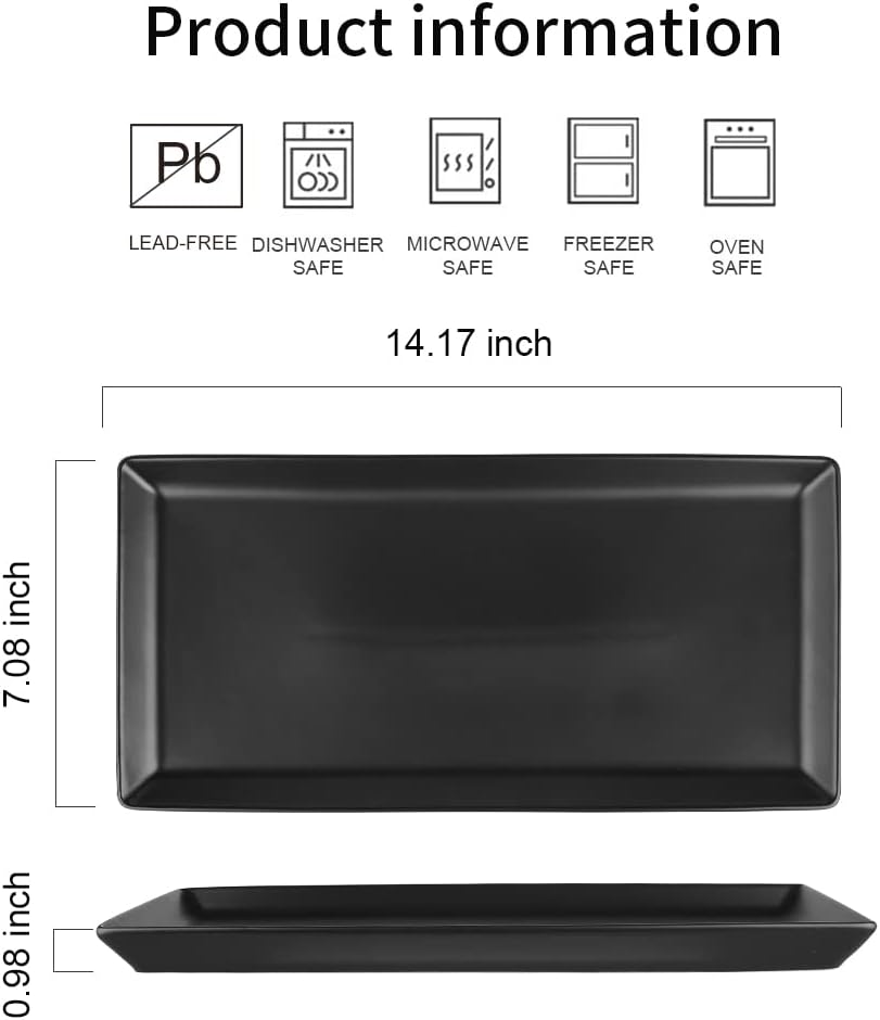 KOOV Ceramic Serving Tray, 14 Inches Large Serving Platter, Rectangular Serving Tray, Porcelain Serving Plates, Ceramic Serving Dishes for Dinner, Party, Sushi, Dessert, Food, Set of 4 (Matte Black)