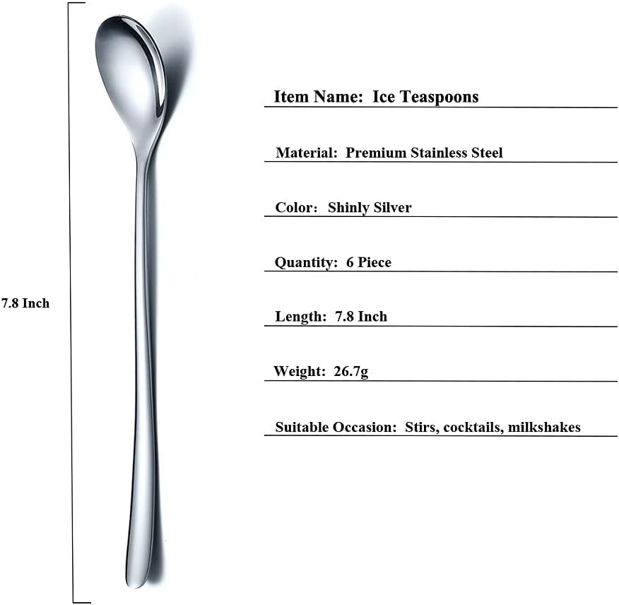 Premium Stainless Steel Coffee Stirrer Set, Long Handle, Ice Tea & Cream Spoons, Cocktail Stirrer - Set of 6 (Silver)