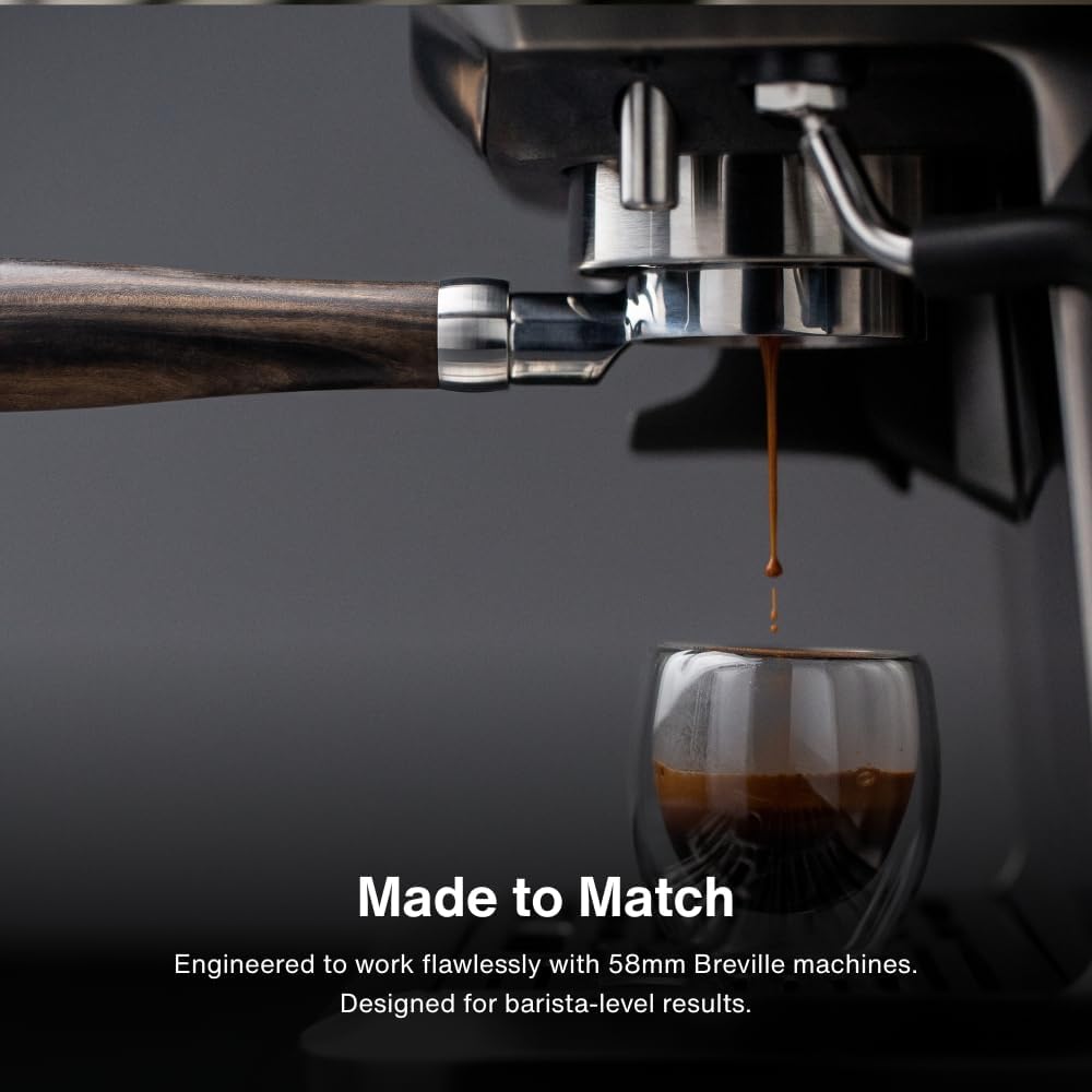 Crema Coffee Products 58mm Bottomless Naked Portafilter | Compatible with 58mm Breville Machines | Includes Double Shot Filter Basket | Olivewood