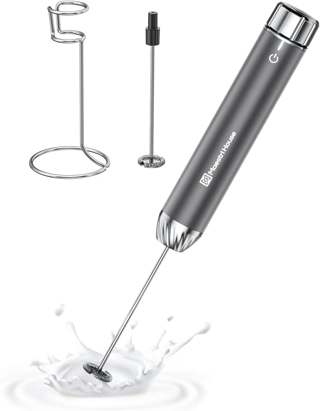 Maestri House Rechargeable Milk Frother with Stepless Speed Control, LunaFro Max Handheld Electric Foam Maker Waterproof Drink Mixer Foamer with Stand & Detachable Whisks for Lattes, Cappuccino