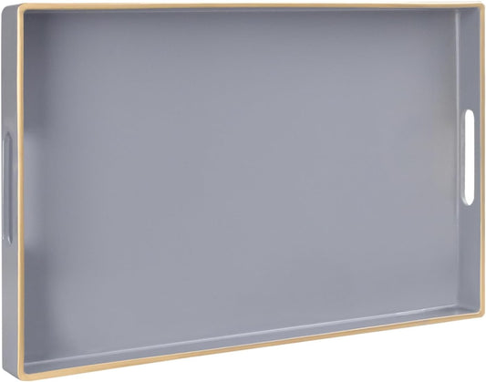 MAONAME Gray Serving Tray with Handles, Modern Grey Decorative Tray for Coffee Table, Plastic Rectangular Gray Trays for Ottoman, Bathroom, Decor, 15.8” x 10.2” x1.4