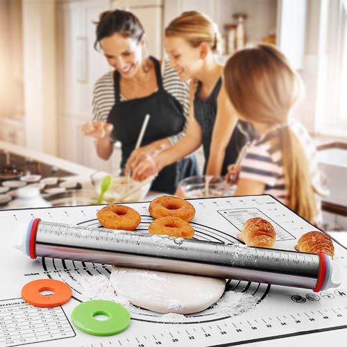 Rolling Pin and Pastry Baking Mat Set, Rolling Pins with Adjustable Thickness Rings, Stainless Steel Dough Roller for Baking Fondant, Pizza, Pie, Pastry, Pasta, Cookies (Black Mat)
