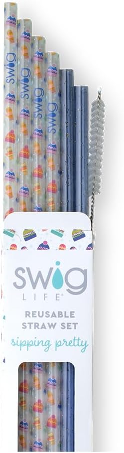 Swig Life Reusable Straws Snow Day + Blue Glitter Tall Straw Set & Cleaning Brush, Each Straw is 10.25 inch Long (Fits Swig Life 20oz Tumblers, 22oz, and 32oz Tumblers)
