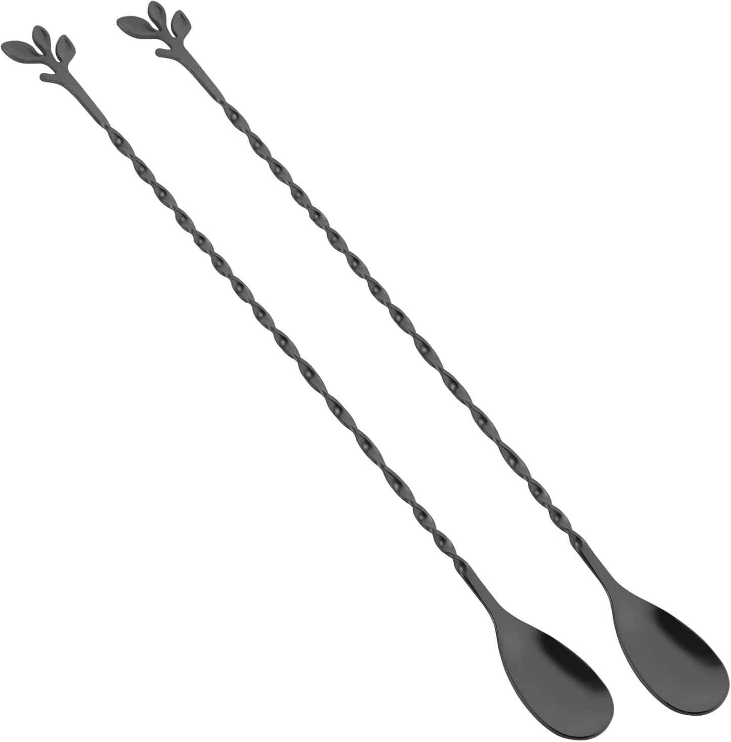 AnSaw Black 12-Inch Stainless Steel Cocktail Spoon with Leaf Handle - Perfect for Mixing & Layering Drinks in Tall Cups, Bar & Shakers - Durable Long Handle Bar Stirrer,2-Pieces