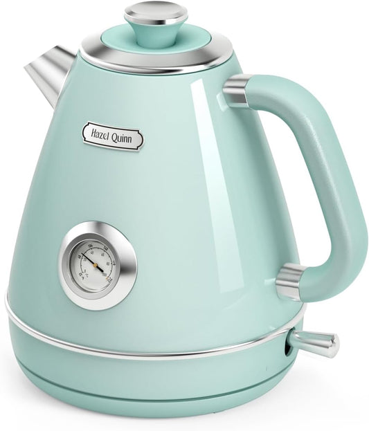 Hazel Quinn Retro Electric Kettle - 1.7 Liters / 57.5 Ounces Tea Kettle with Thermometer, All Stainless Steel, 1200 Watts Fast Boiling, BPA-free, Cordless, Automatic Shut Off - Mint Green