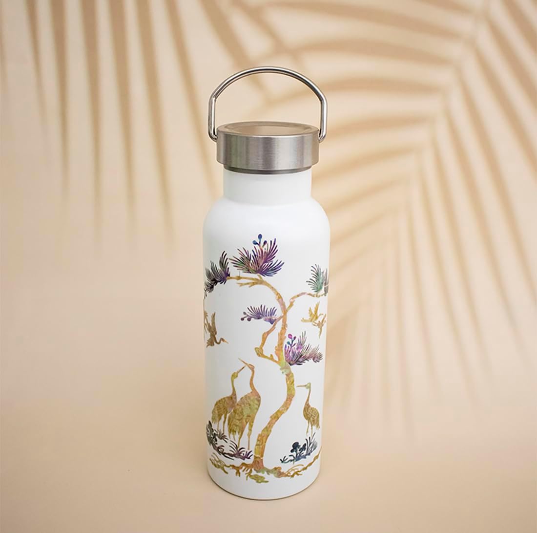 Mother of Pearl Design Stainless Steel Water Bottle 17 oz Leakproof Screw Cap Metal Handle Lid Wide Mouth Double Wall Vacuum Insulated Travel Sport Water Flask Thermo Mug (Crane Pine White)